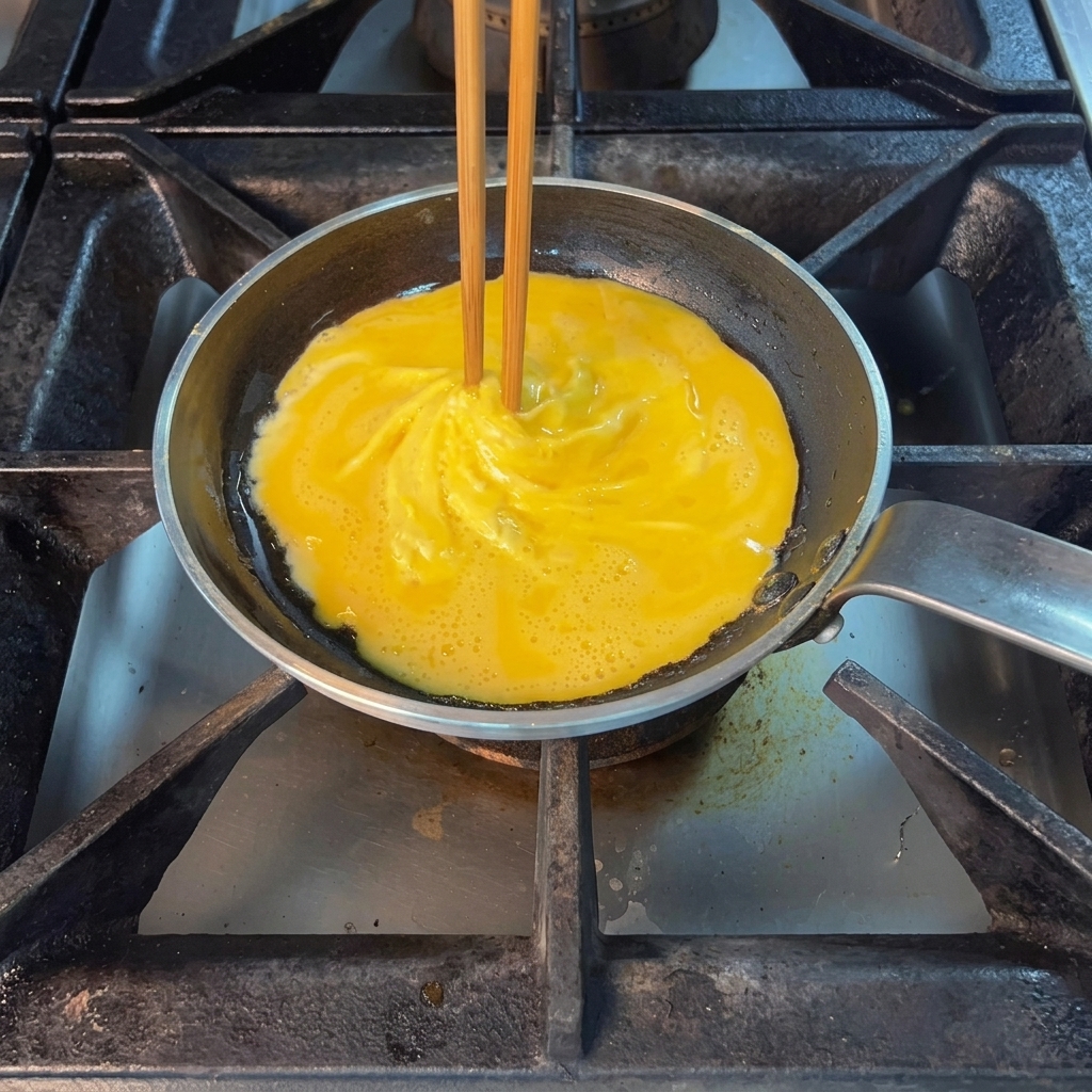 Huevos en la sartén siendo removidos con palillos de madera para crear cuajadas esponjosas.
