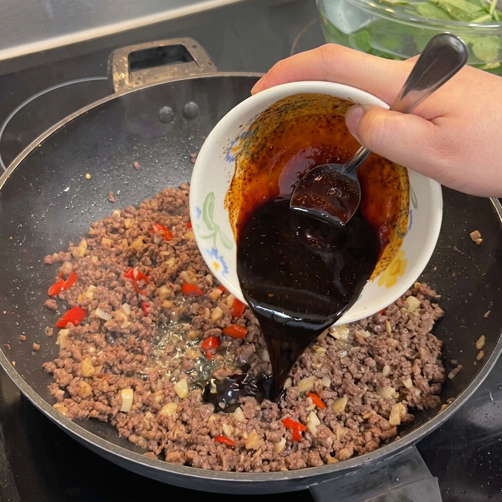 Una salsa oscura y sabrosa siendo vertida desde un tazón pequeño en un wok con carne picada cocida.