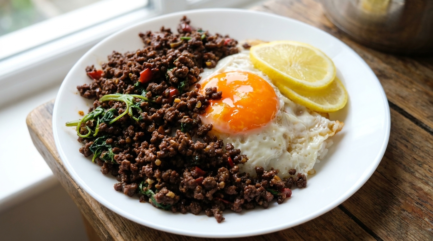 Un plato de ternera tailandesa con albahaca servido sobre arroz, cubierto con un huevo frito de yema líquida y decorado con rodajas de limón y albahaca fresca.