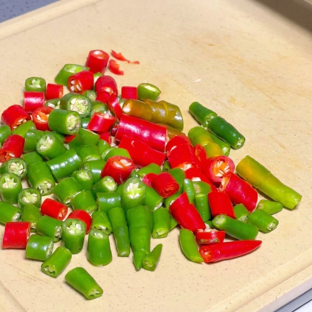 Chiles verdes y rojos cortados en segmentos pequeños y vibrantes sobre una tabla de cortar.