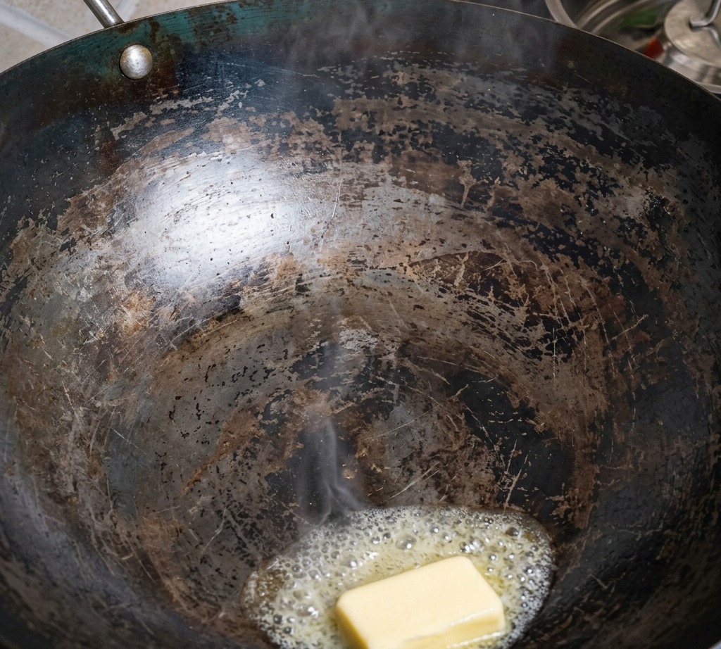 Un trozo de ternera cruda colocándose en un wok caliente con mantequilla derretida y burbujeante.