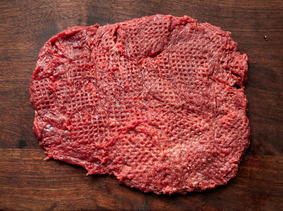 Un trozo de carne cruda siendo golpeado con un ablandador de carne sobre una tabla de madera.