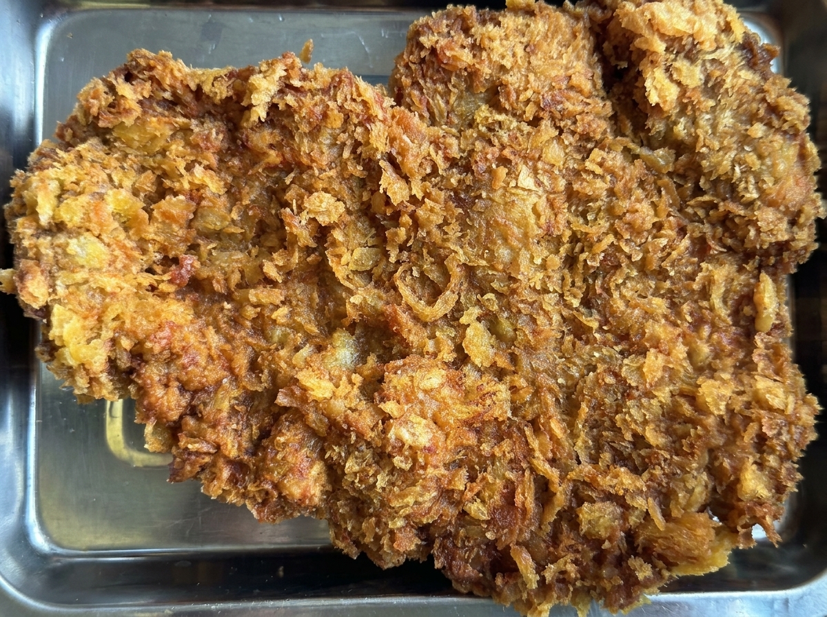 Una chuleta de ternera frita sobre una bandeja metálica, siendo rociada con salsa de yogur de menta y mostaza con miel.