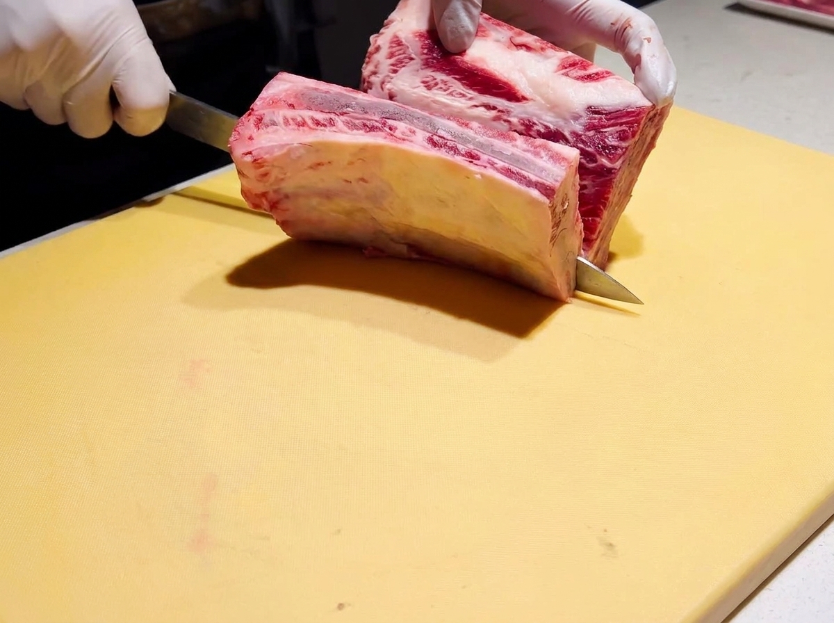 Un trozo grueso de costilla de res cruda siendo cortada en mariposa con un cuchillo de chef sobre una tabla de cortar amarilla.