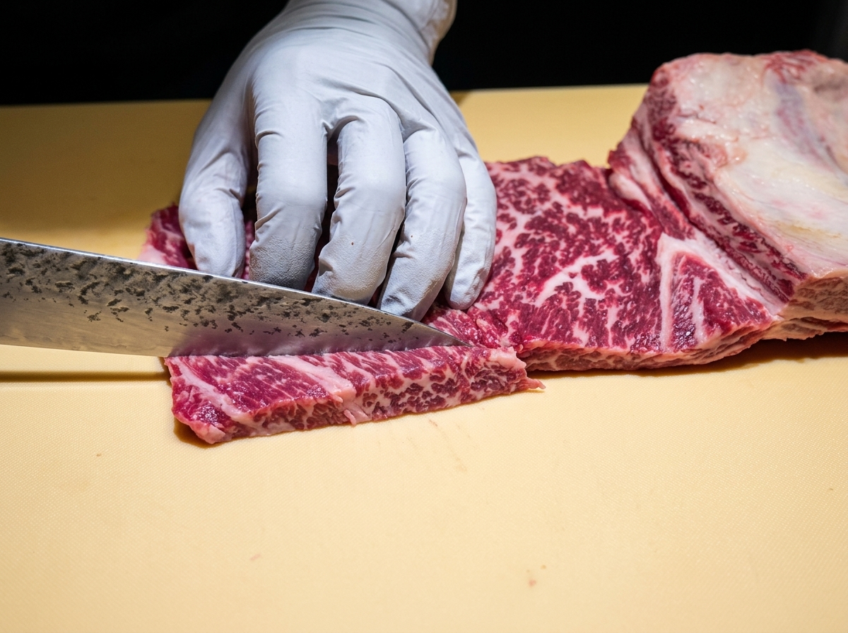 Una pieza de costilla de res cruda mostrando un patrón de marcado entrecruzado claro en su superficie.