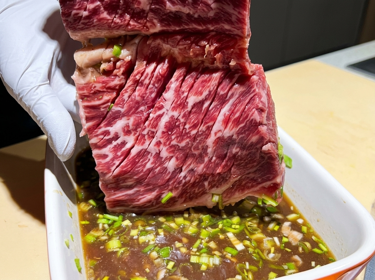 Un trozo de carne cruda marcada siendo colocado en una bandeja con marinado oscuro mezclado con cebollinos verdes.