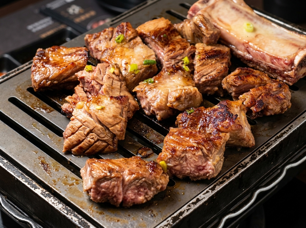 Pequeños trozos de carne marinada dorándose y caramelizándose en una parrilla, siendo volteados con pinzas de metal.