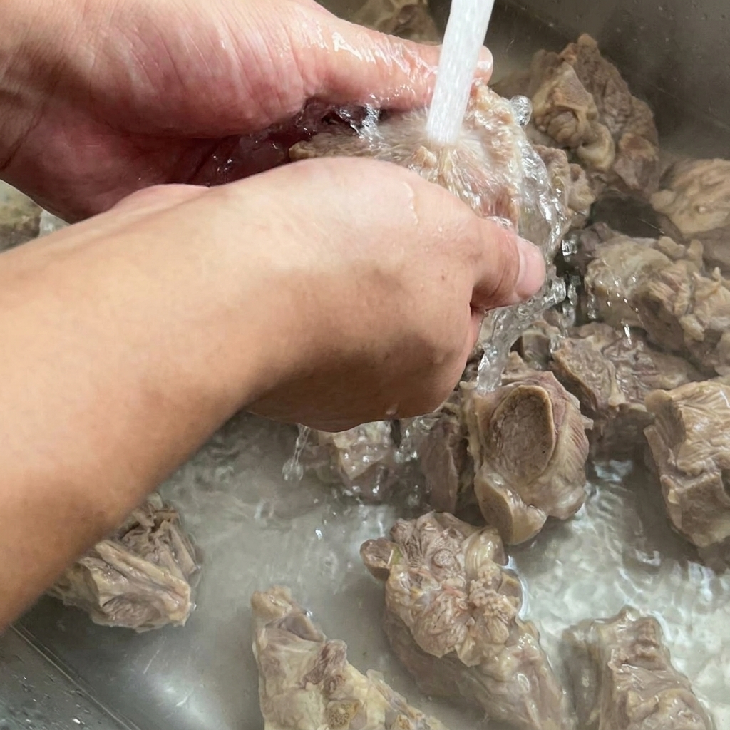 Un hueso de cerdo siendo enjuagado bajo el grifo de un fregadero de acero inoxidable.