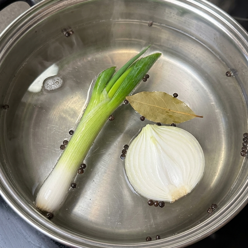 Una cucharada de pasta de soja coreana espesa siendo sumergida en el caldo.
