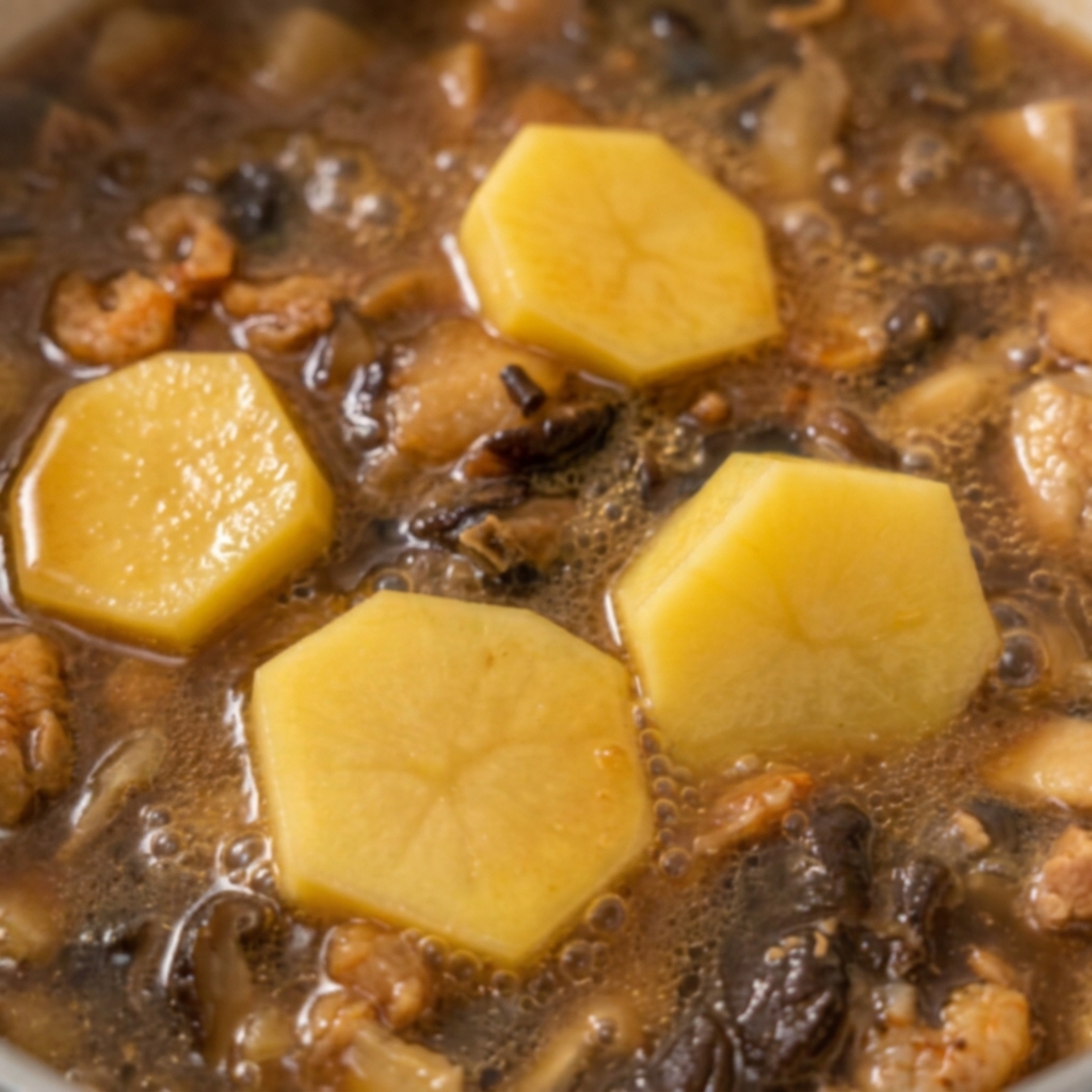 Grandes trozos de patata amarilla pelada siendo añadidos a la sopa.