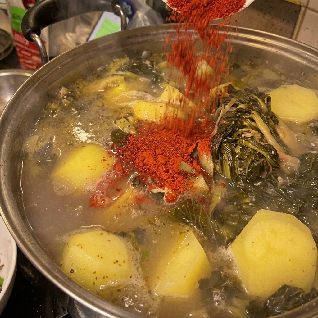 Chile en polvo rojo siendo espolvoreado sobre las patatas y la carne en la olla.