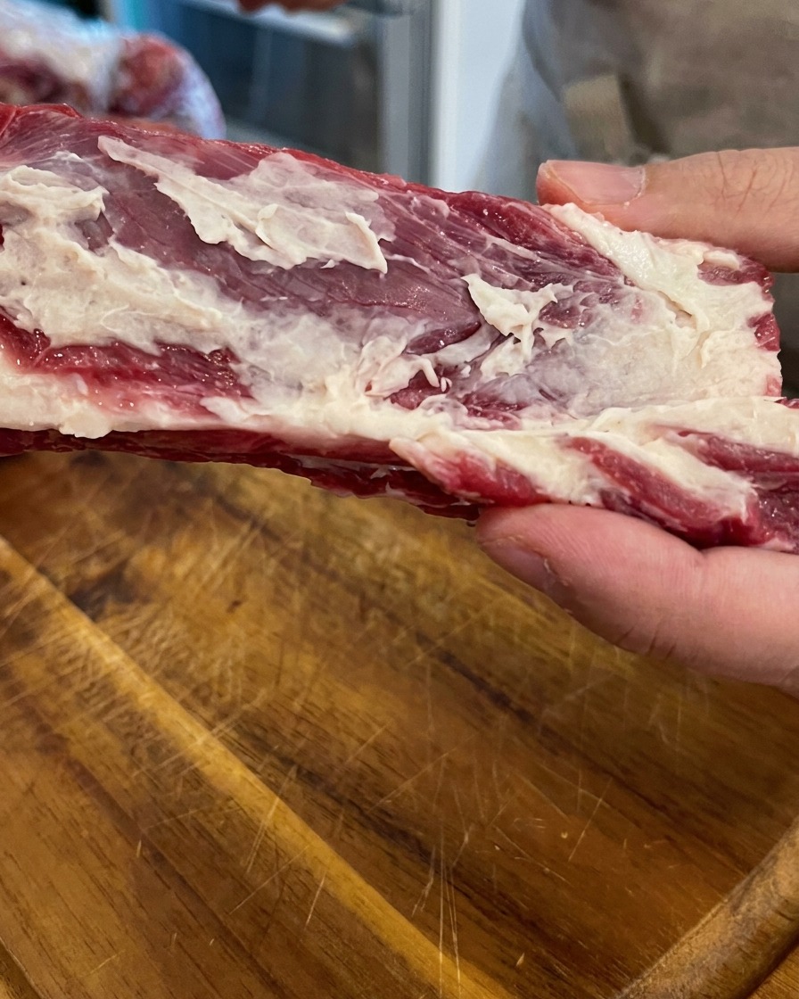 Manos sosteniendo una pieza de costilla de ternera cruda con hueso mostrando el veteado de grasa blanca sobre una superficie de madera.