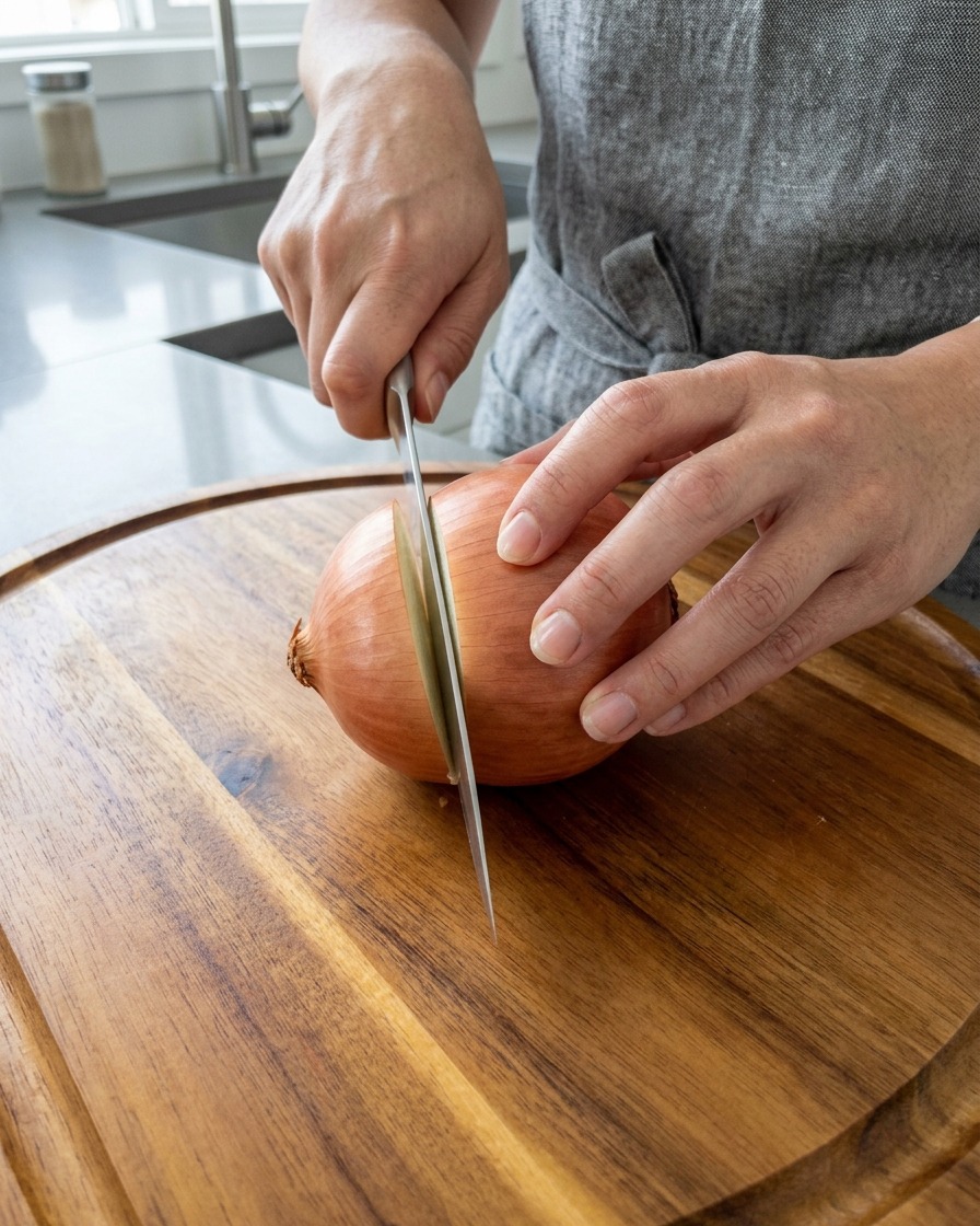 Manos usando un cuchillo de chef para cortar una cebolla dulce sin pelar por la mitad en una tabla de cortar redonda de madera.