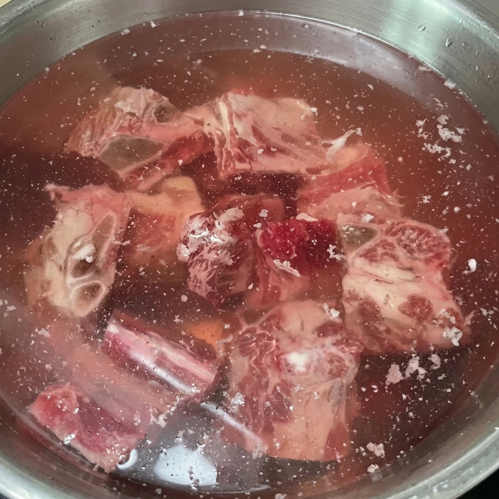 Costillas de res sumergidas en un bol con agua, el agua toma un tono rojizo a medida que se extrae la sangre.