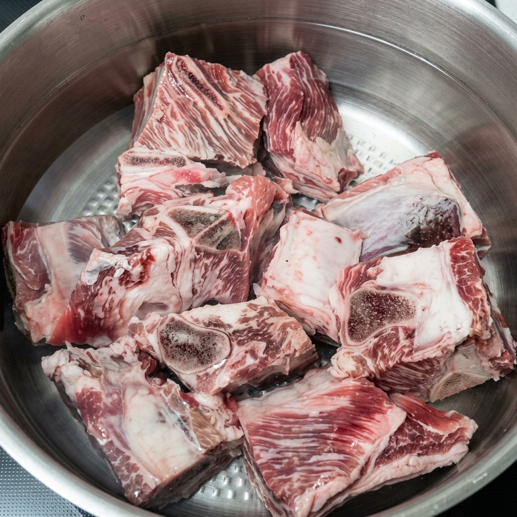 Costillas de res siendo enjuagadas en un colador de acero inoxidable bajo un chorro de agua fría.