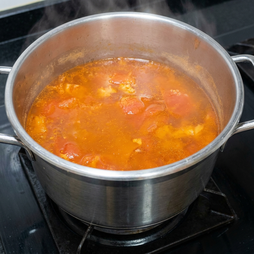 Un cucharón revolviendo la sopa condimentada de costilla de res y tomate en la olla a presión, mostrando el rico caldo rojo finalizado.
