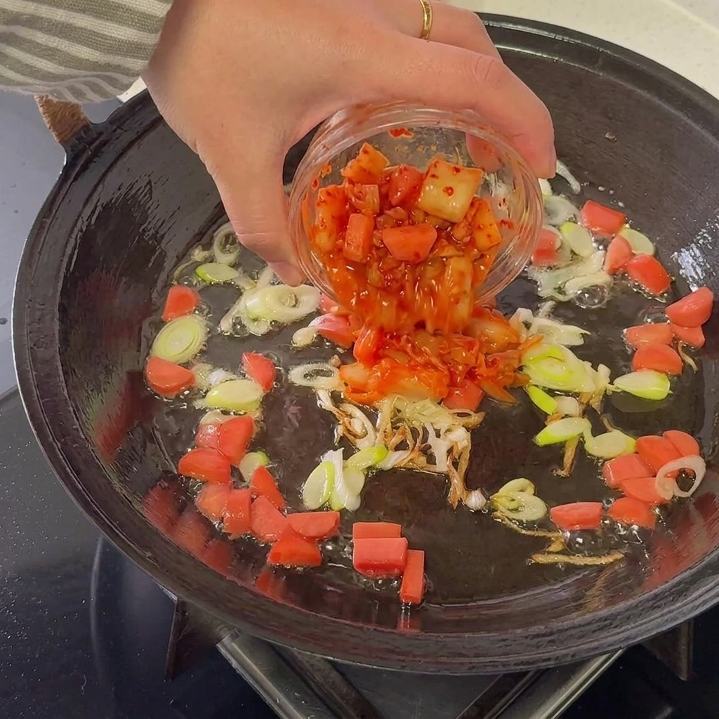 Kimchi picado siendo añadido a la sartén con la salchicha salteada y cebolletas, mezclándose a fuego alto.
