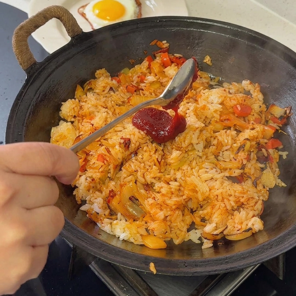 Pasta de chile coreana siendo servida con una cuchara en una sartén con la mezcla de arroz y kimchi.