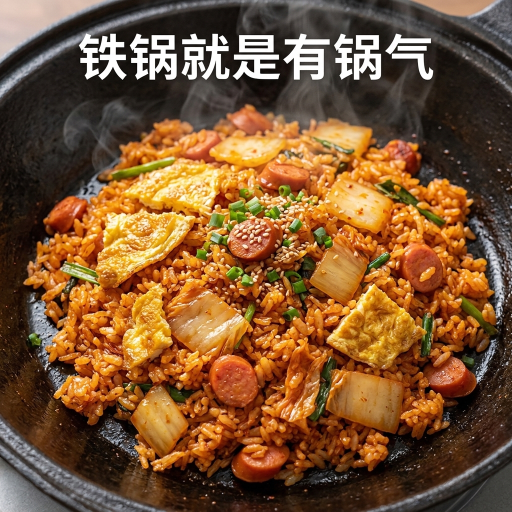Una sartén llena de arroz frito con kimchi, vibrante y sazonado, siendo removido con una espátula a fuego alto.
