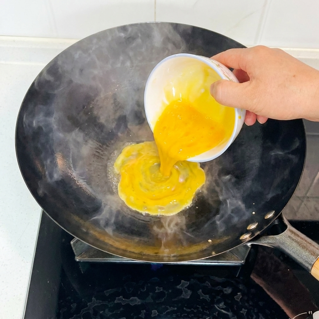 Vertiendo huevos batidos desde un tazón pequeño hacia un wok caliente y humeante.