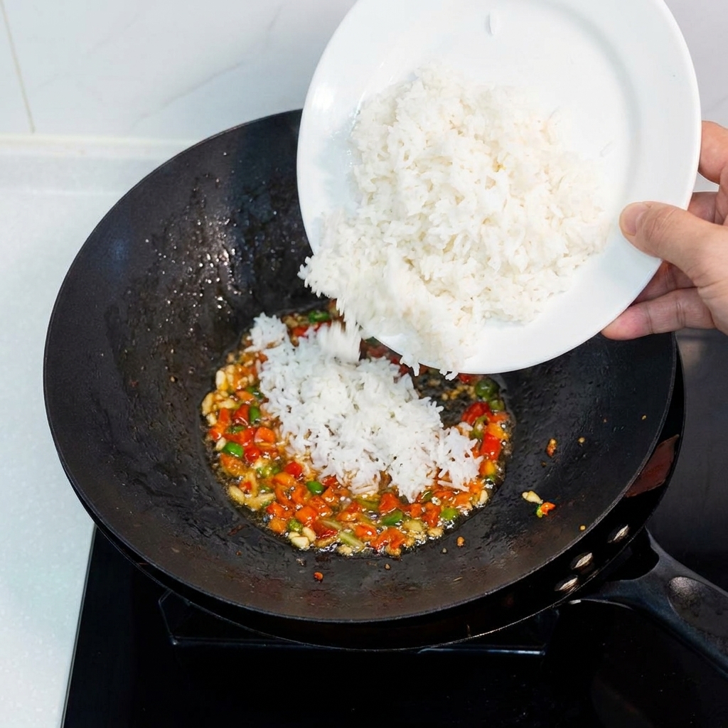 Añadiendo un plato de arroz blanco cocido a un wok con los aromáticos salteados.