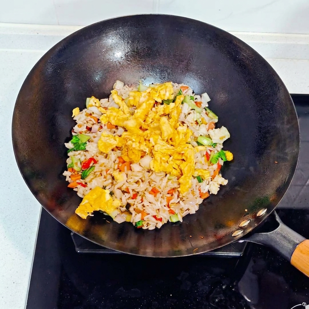Huevos revueltos siendo añadidos a la mezcla de arroz en el wok.