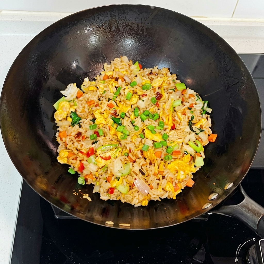 Cebolletas siendo mezcladas en el arroz frito con kimchi terminado dentro del wok.