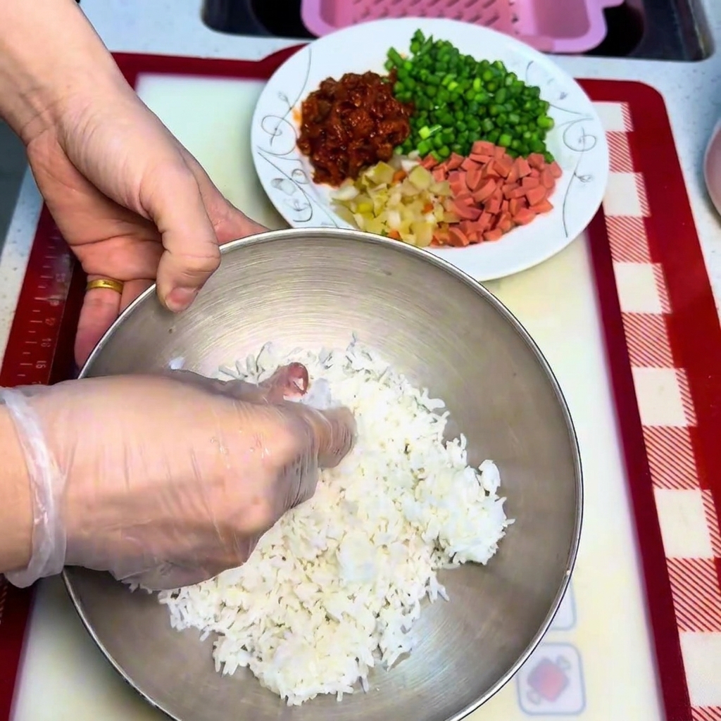 Manos enguantadas desmenuzando una montaña de arroz cocido en un bol metálico.