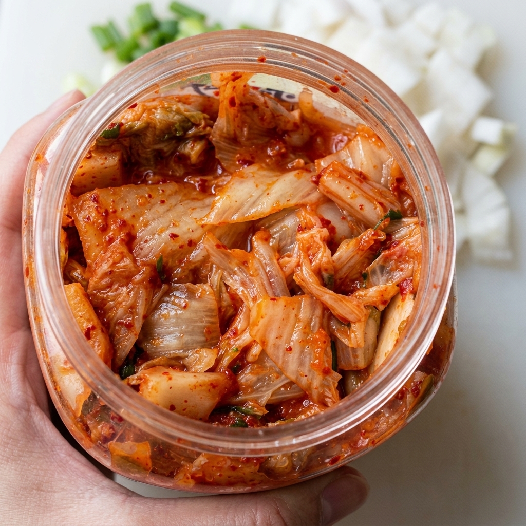 Vista superior de los ingredientes de la salsa (kimchi, gochujang, salsa de soja, azúcar y mayonesa) reunidos en un tazón blanco.