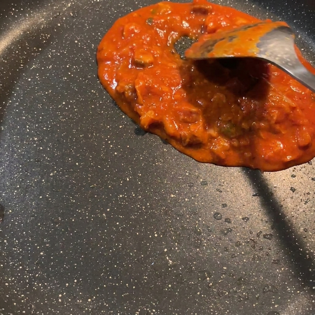 La salsa roja y sabrosa burbujeando en la sartén, mezclándose con la grasa derretida del spam frito.