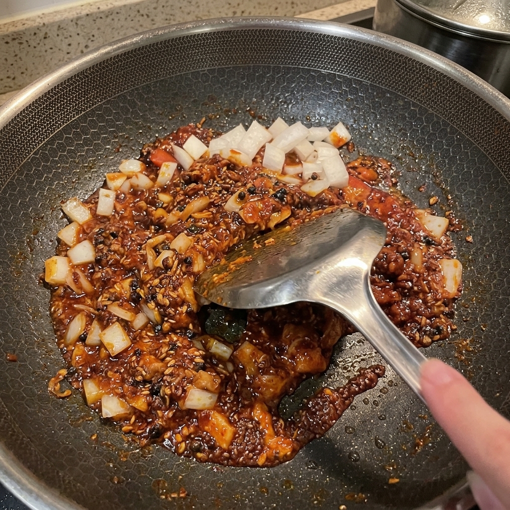Una sartén con spam dorado, cebollas y la vibrante salsa roja mezclándose entre sí.