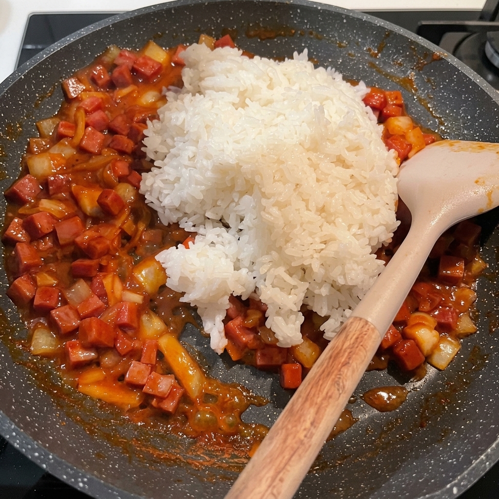 Un montículo de arroz blanco colocado sobre la mezcla de spam y cebolla en una sartén, listo para ser salteado.