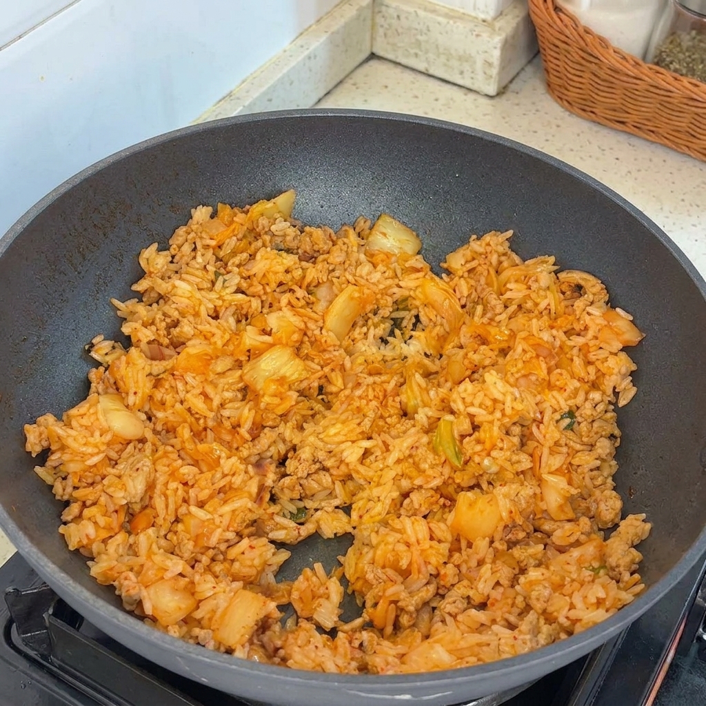 Salsa de soja ligera siendo vertida sobre la sartén con el arroz, el cerdo y el kimchi para sazonar el plato.