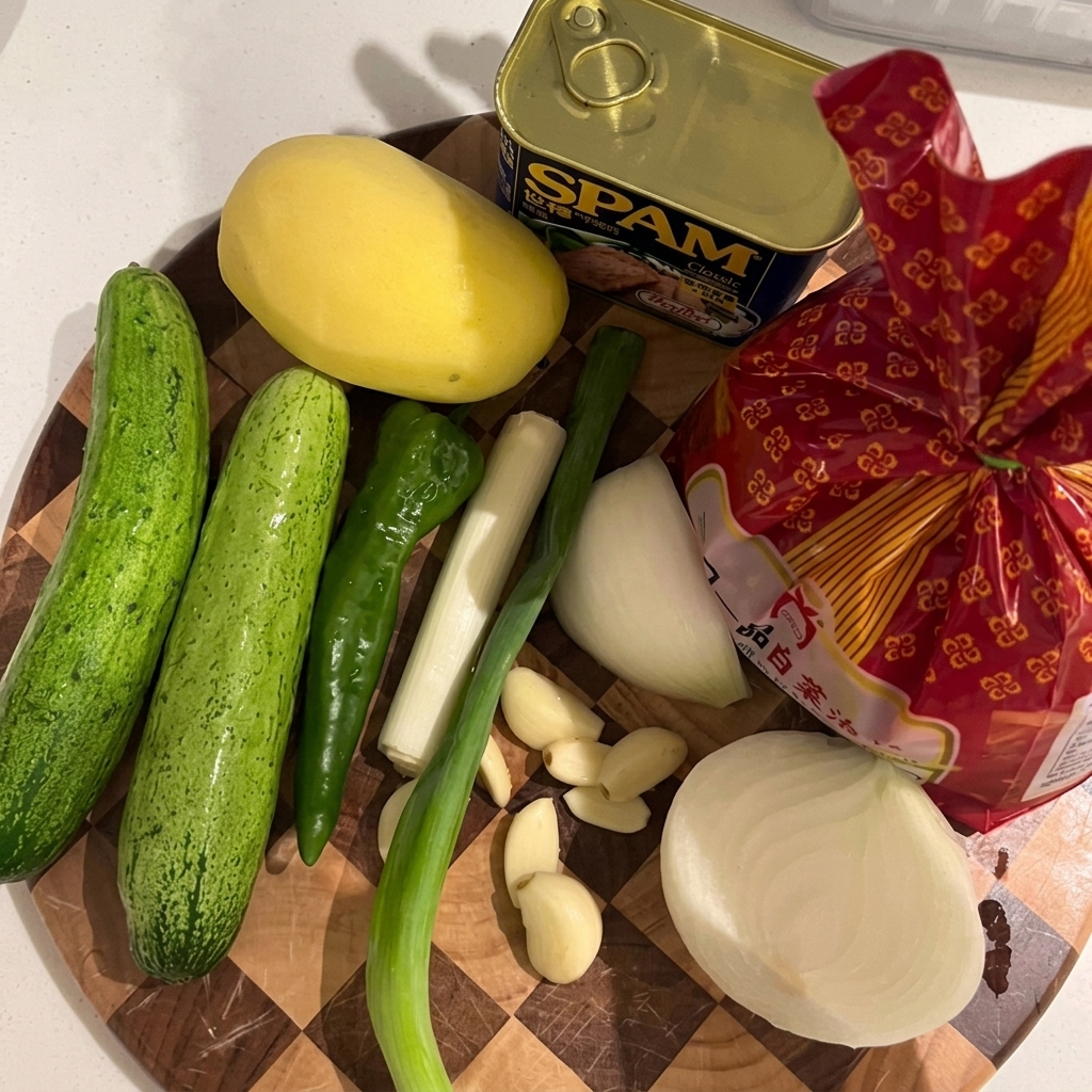 Spam machacado y sofreído en una olla hasta obtener una consistencia dorada.