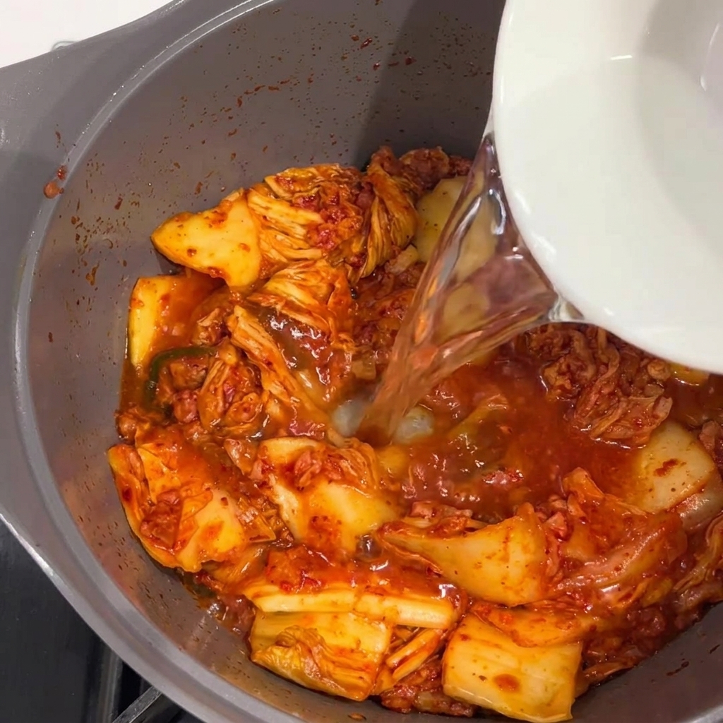 Agua vertida en una olla con una mezcla de Spam y kimchi.