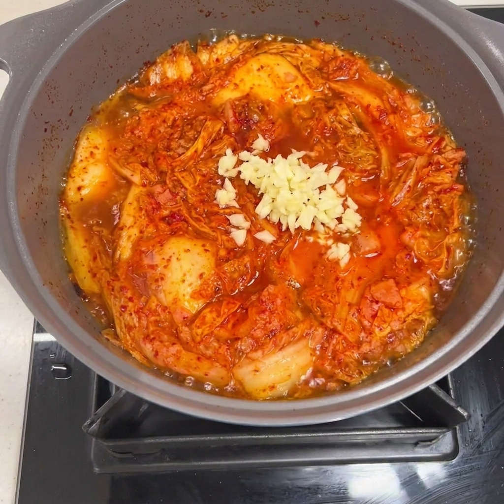 Ajo picado añadido a un guiso de Spam y kimchi en ebullición.