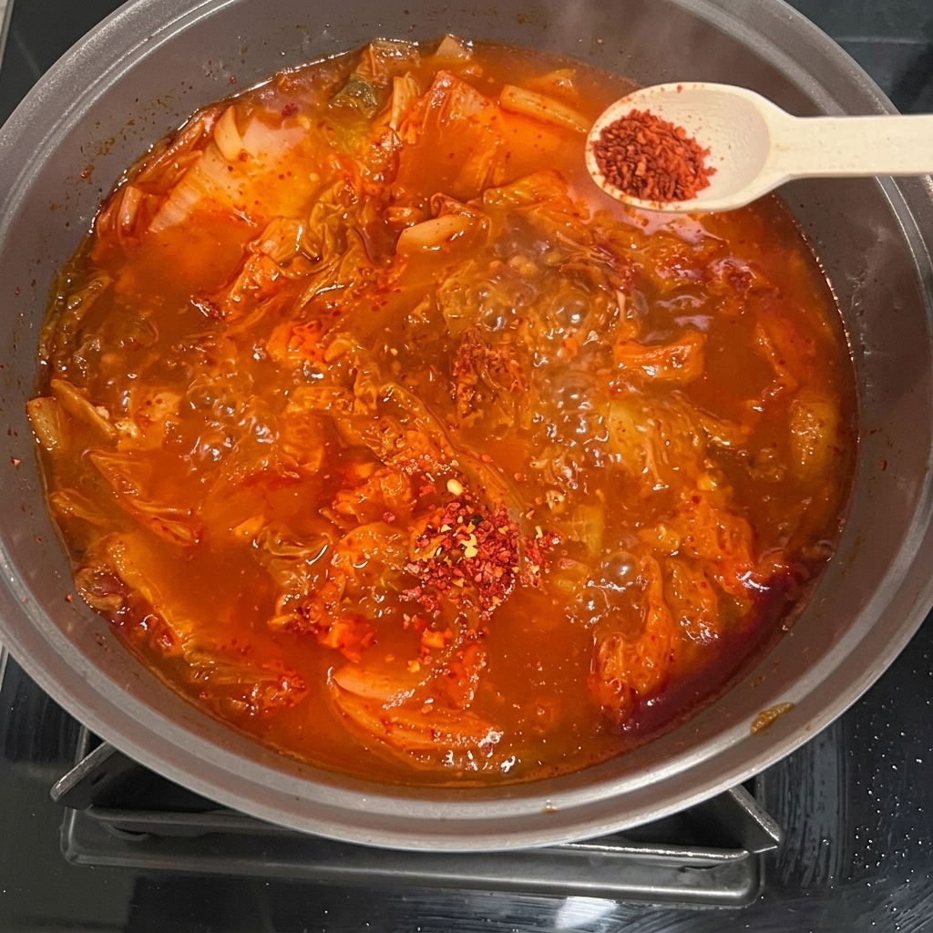 Salsa de soja clara y una cucharada de chile en polvo añadido al guiso.