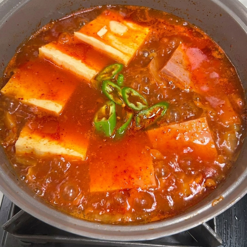 Una olla caliente de estofado de Spam y Kimchi decorada con cebolletas frescas y rodajas de chile rojo.