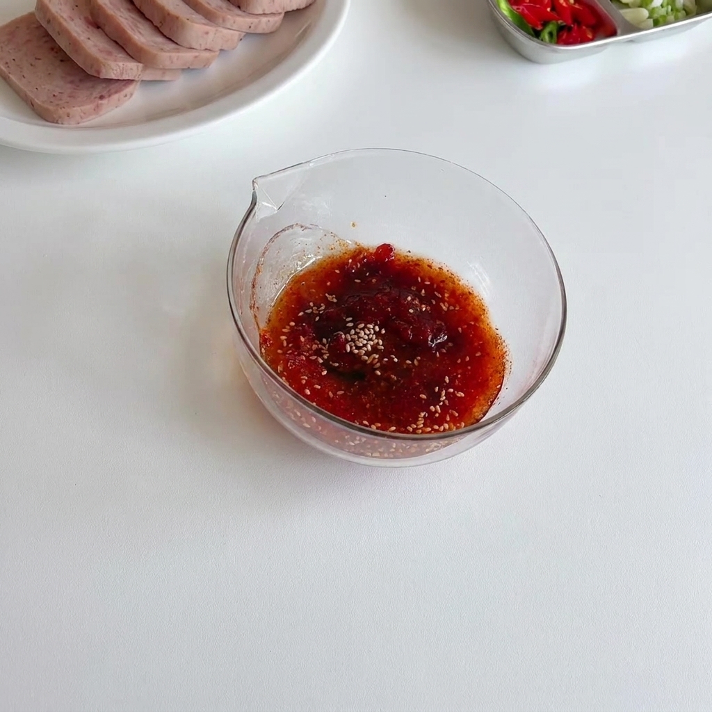 Taza medidora vertiendo agua fresca en un bol de vidrio que contiene una mezcla roja vibrante de condimentos y pasta de chile coreano.