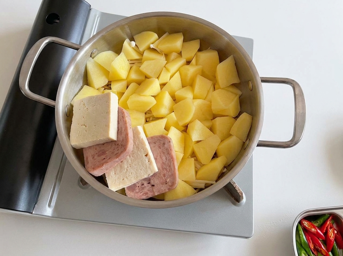 Rodajas gruesas de Spam y bloques de tofu dispuestos en un círculo sobre las papas picadas en una sartén de metal.