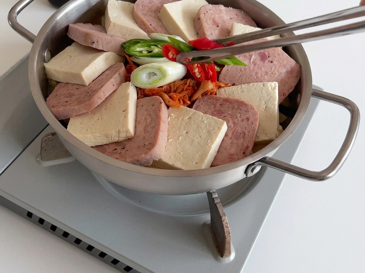 Pinzas colocando chiles rojos y verdes frescos en el centro de una olla llena de Spam, tofu, kimchi y cebolletas.