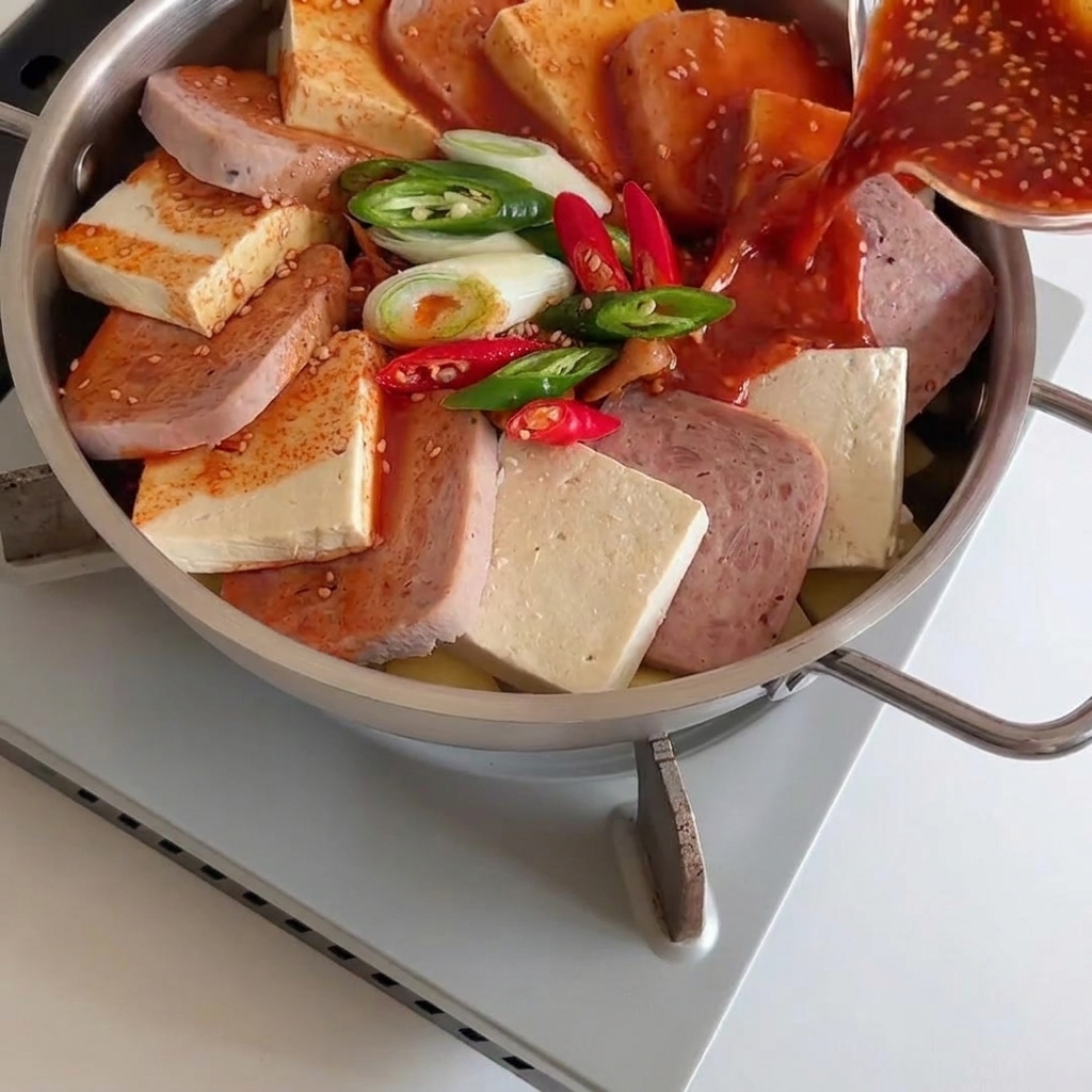 Vertiendo una rica salsa de chile rojo desde un pequeño tazón de vidrio sobre el Spam, el tofu y los aromáticos en la sartén.