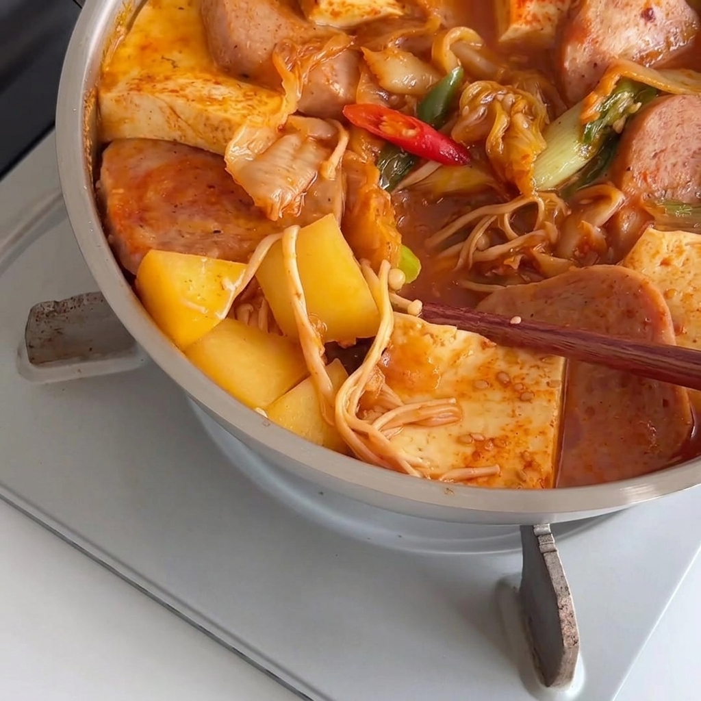 Palillos levantando champiñones enoki cocidos en una olla de estofado rojo hirviendo fuertemente, rodeados de Spam y tofu.