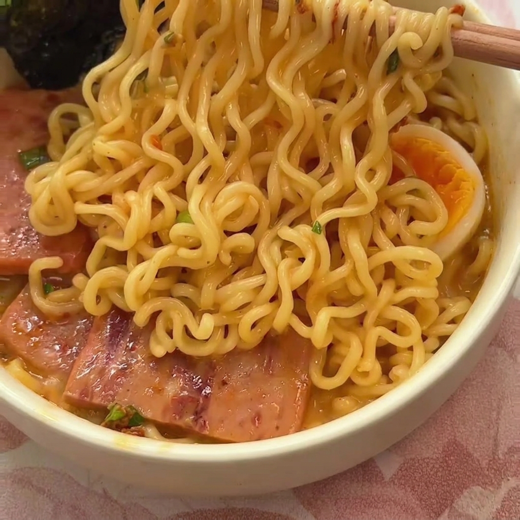 Primer plano de un tazón con ajo picado, polvo de condimento de fideos, una cucharada de mayonesa y una yema de huevo cruda brillante.