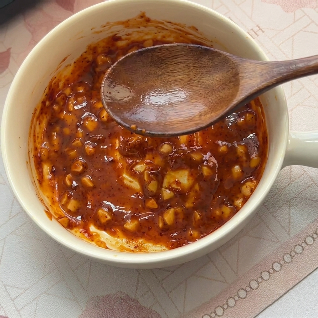 Agua de fideos caliente y turbia siendo vertida en el tazón de salsa y revuelta, resultando en una base de caldo cremoso y emulsionado.