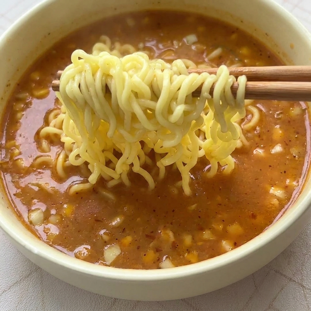 Fideos cocidos y ondulados siendo añadidos al tazón blanco que contiene el caldo cremoso y sazonado.