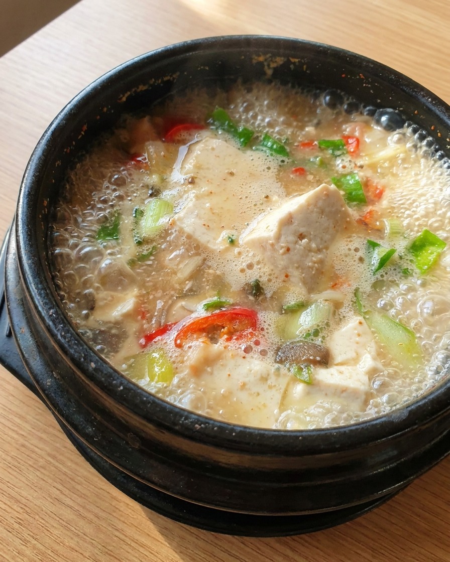Cubos de tofu blanco suave y chiles en el rico estofado burbujeante.