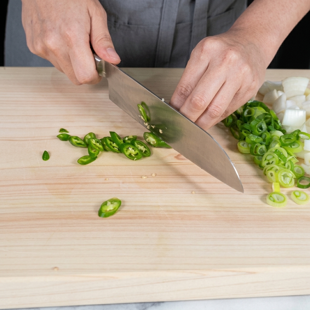 Una mano usando un cuchillo para cortar un chile verde fresco en diagonal sobre una tabla de madera.