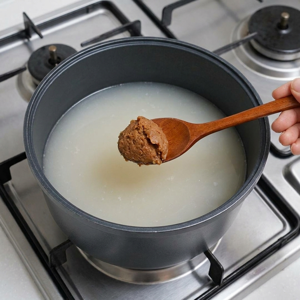 Una cuchara de madera sosteniendo una generosa cucharada de pasta de soja marrón siendo bajada al caldo.