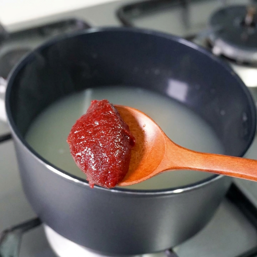 Una cucharada de pasta de chile roja espesa siendo añadida a la olla de caldo.